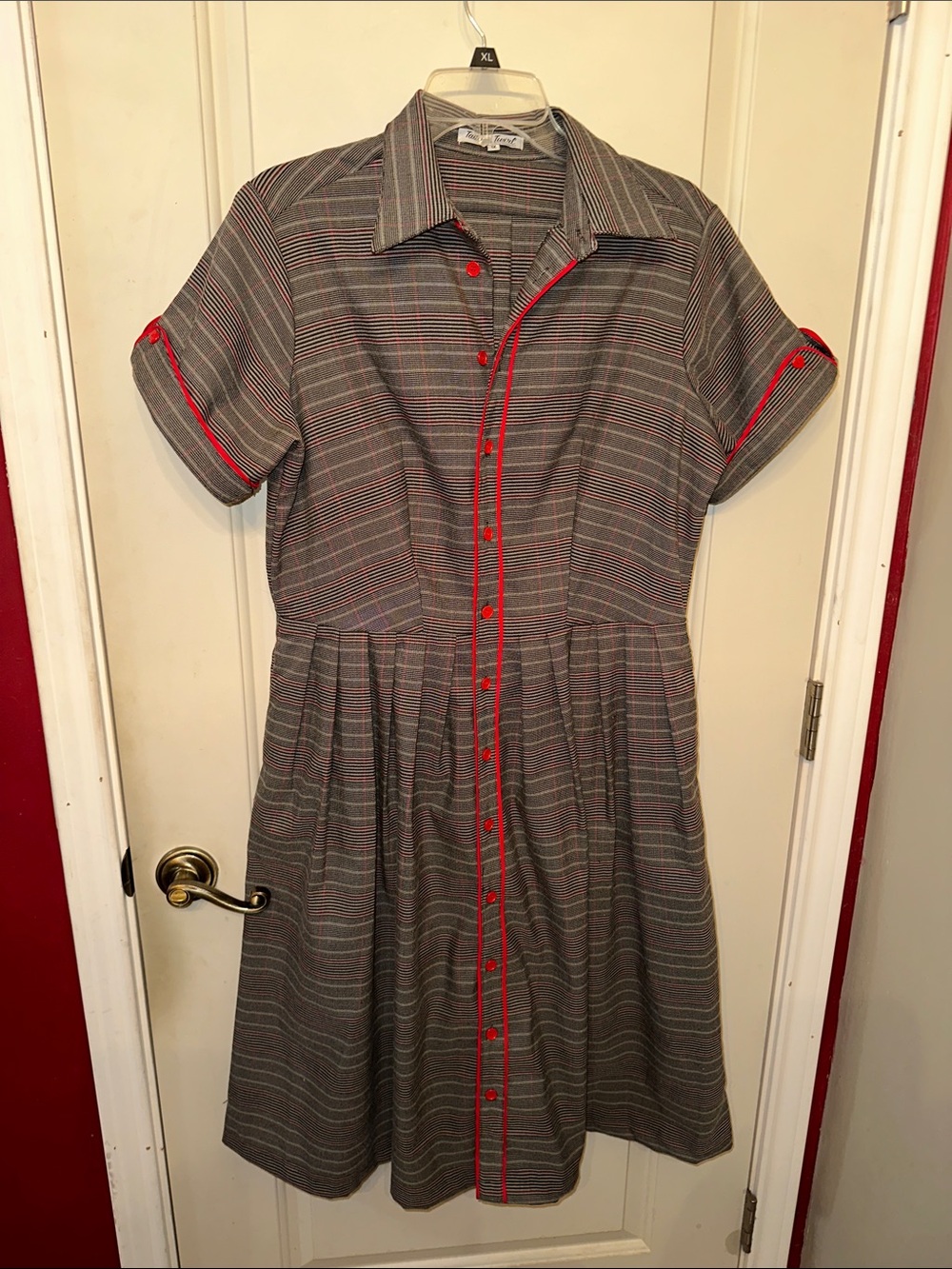 Tailor & Twirl Retro Inspired Gray Plaid Button Up Dress with Red Trim